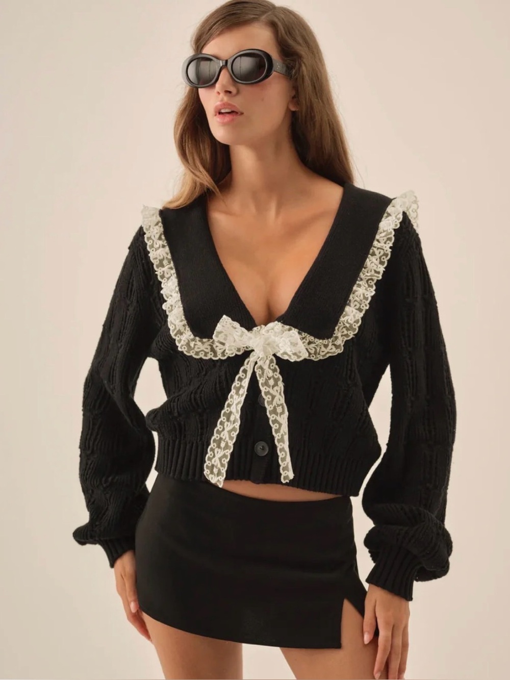 For Love & Lemons Black Knit Sweater with White Lace Collar